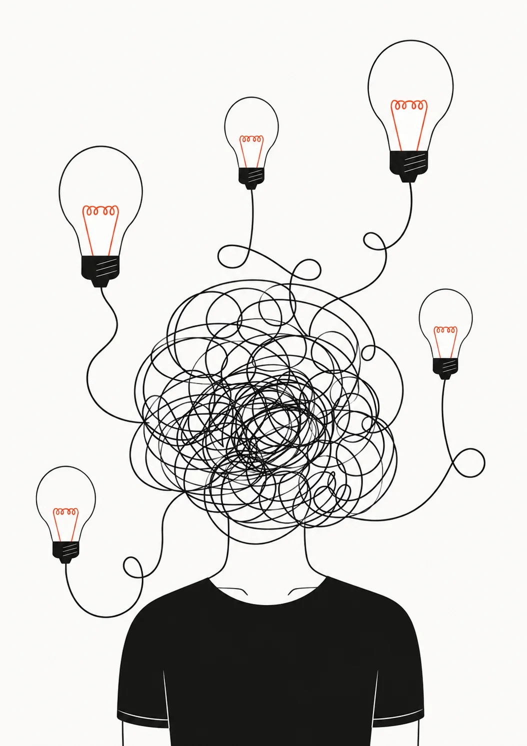 Ilustración de una persona ordenando ideas que se convierten en luces
