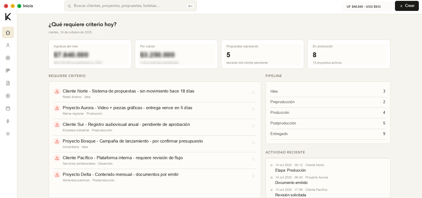 Dashboard anonimizado de plataforma propia con ingresos y tareas por cobrar simuladas